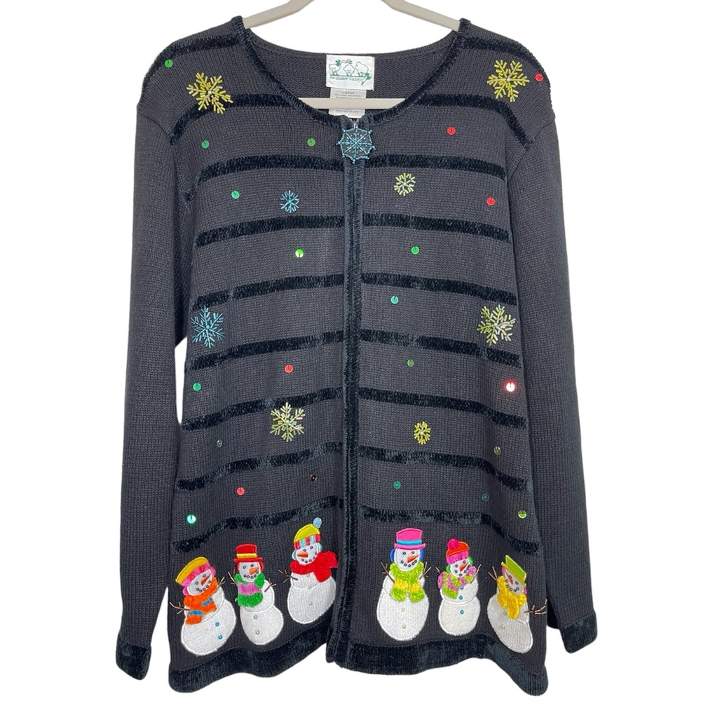 Quacker Factory Black Snowmen Snowflake Ugly Holiday Christmas Sweater Size L